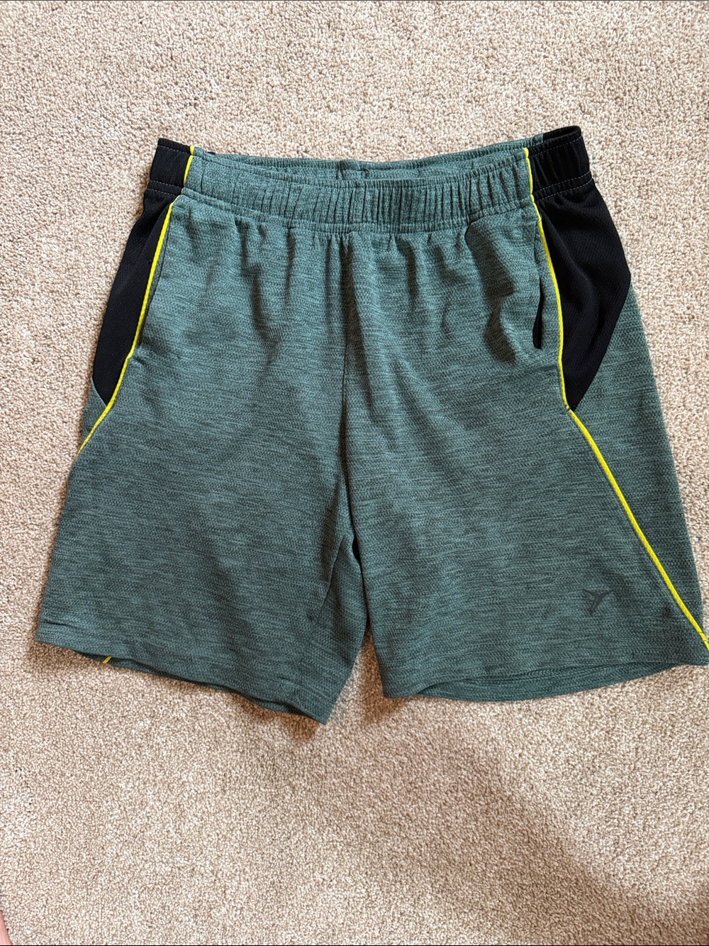 Old Navy Olive Green Athletic Shorts with Black Panels and Yellow Trim